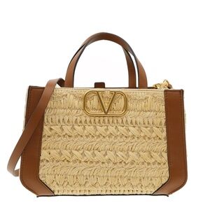 Valentino Garavani Vlogo Signature Raffia And Leather Shoulder Bag New